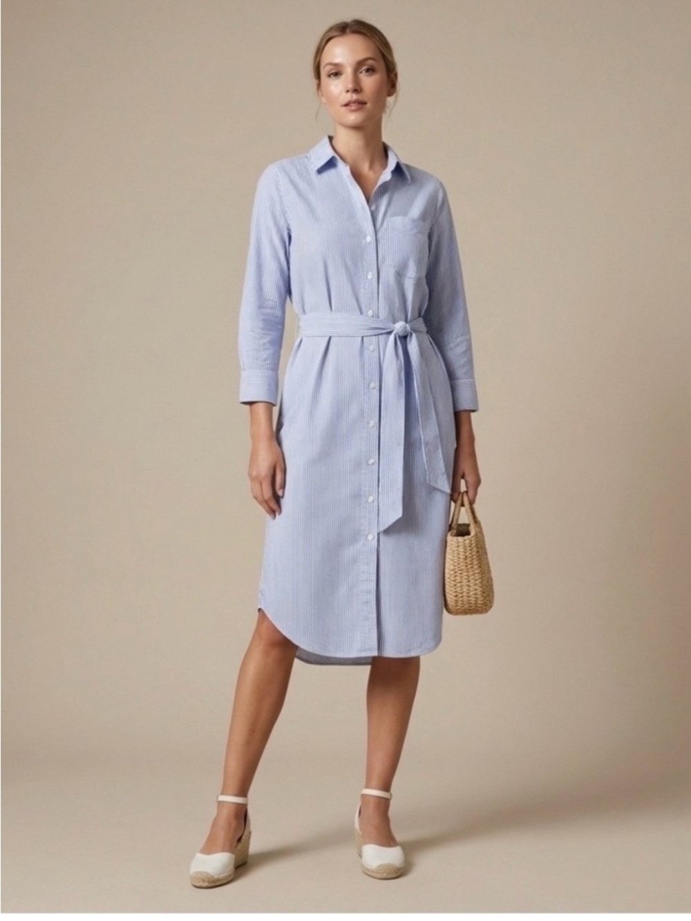 Abercrombie & Fitch Light Blue Striped Shirt Midi Dress with Waist Tie